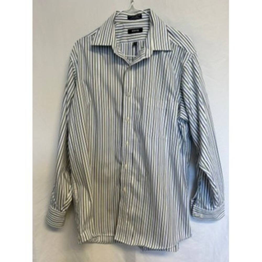 IZOD 80's 2 Ply Cotton Mens Size Large Button Up‎ Dress Shirt Striped Green Blue